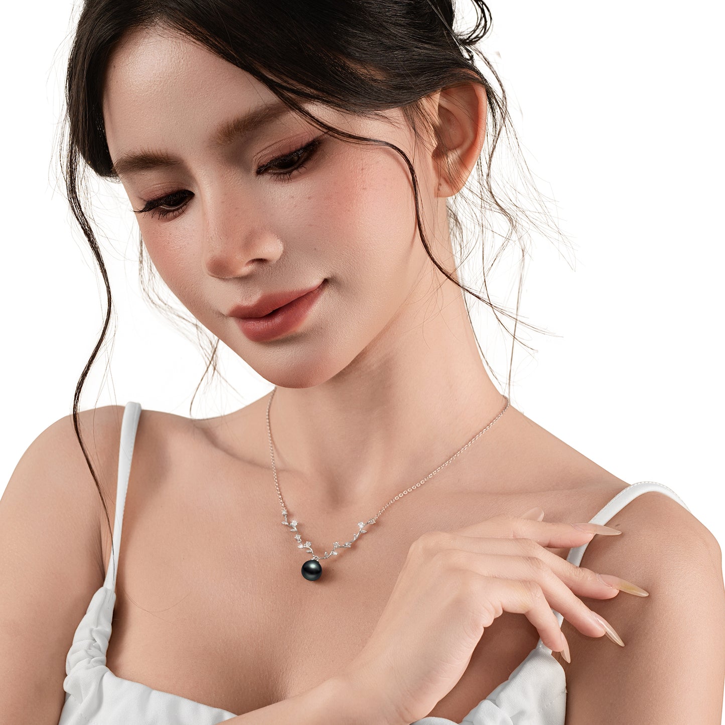 Tahitian Black Pearl Necklace for Women, 9-10mm AAAAA Handpicked Real Pearl Pendant with Olive Dranch Design, Hand-set Moissanite, 18K White Gold Plated 925 Sterling Silver Necklace