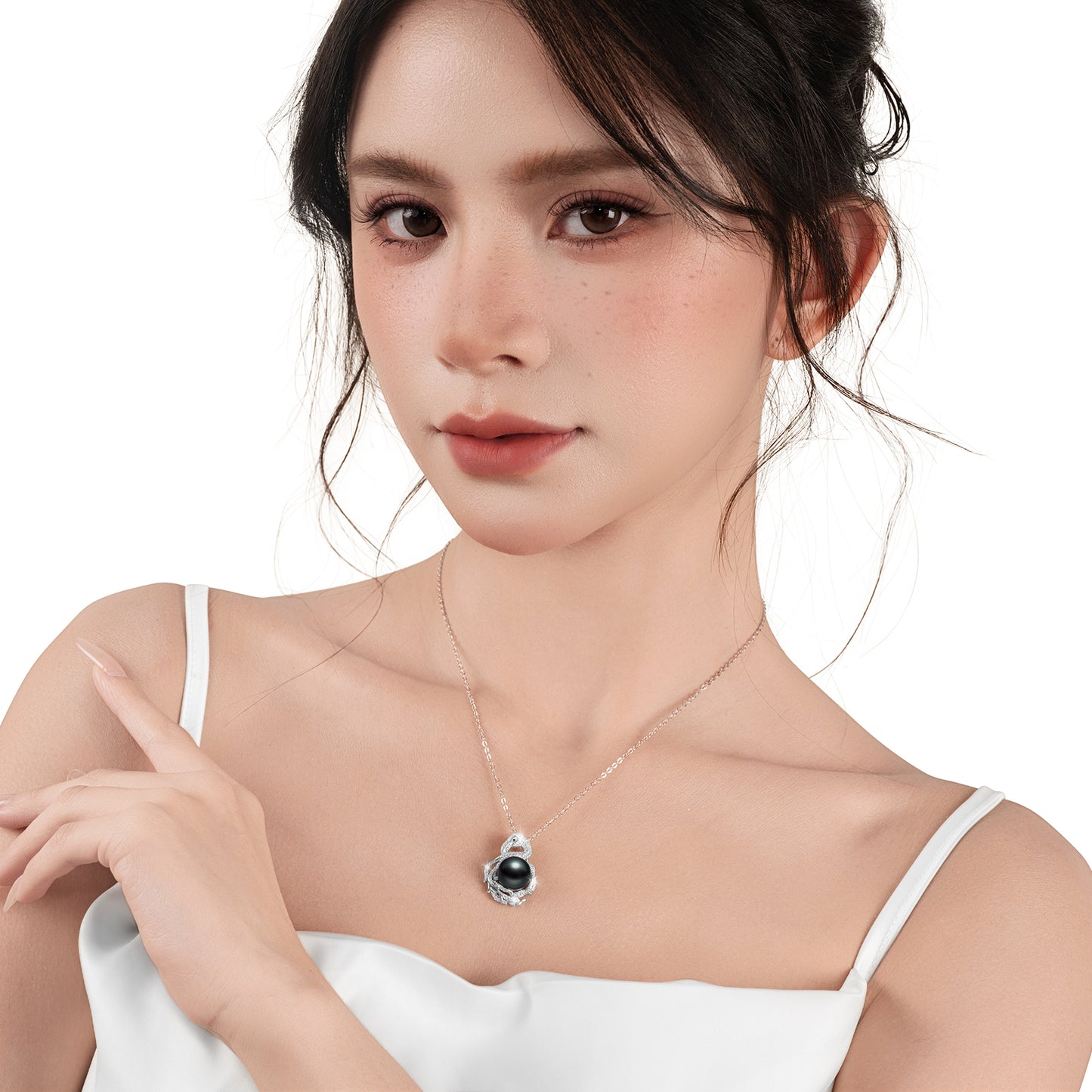 Tahitian Black Pearl Pendant Necklace Jewelry for Women,10-11mm AAAA Handpicked Natural Pearl with White Swan Moissanite 925 Adjustable Sterling Silver Chain, Elegant Gifts for Mom Wife