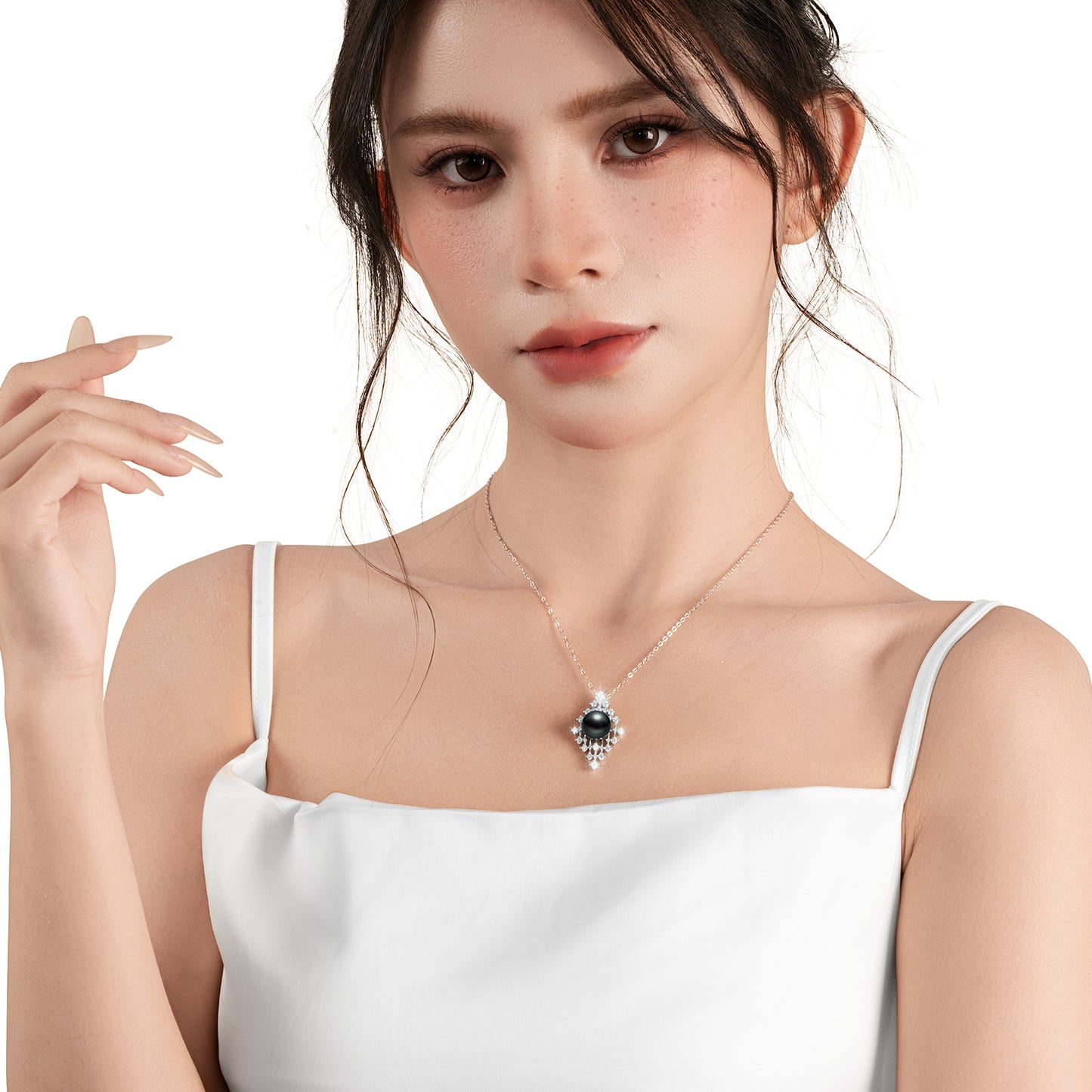 Starry Night Pendant Necklace for Women, 10-11mm AAAA Tahitian Black Pearl with D Color Moissanite, 925 Sterling Silver Necklace for Mothers Day Valentines Christmas Birthdays Gift