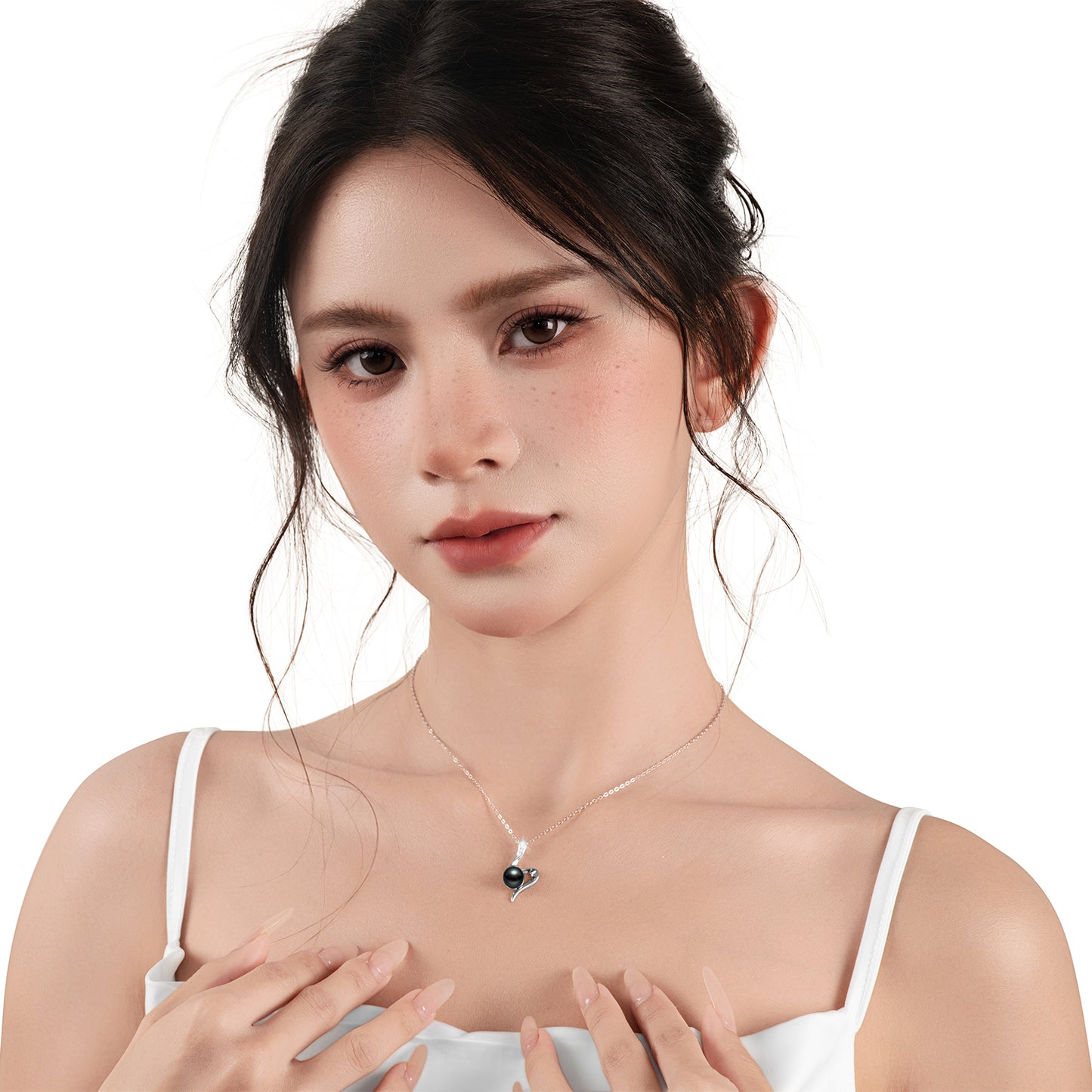 Tahitian Black Pearl for Women Dancing Lovers Pendant Necklace, 7-8MM AAAA Round Pearls jewelry 18K White Gold Plated 925 Sterling Silver Necklace for Anniversary Birthday Valentines Gifts