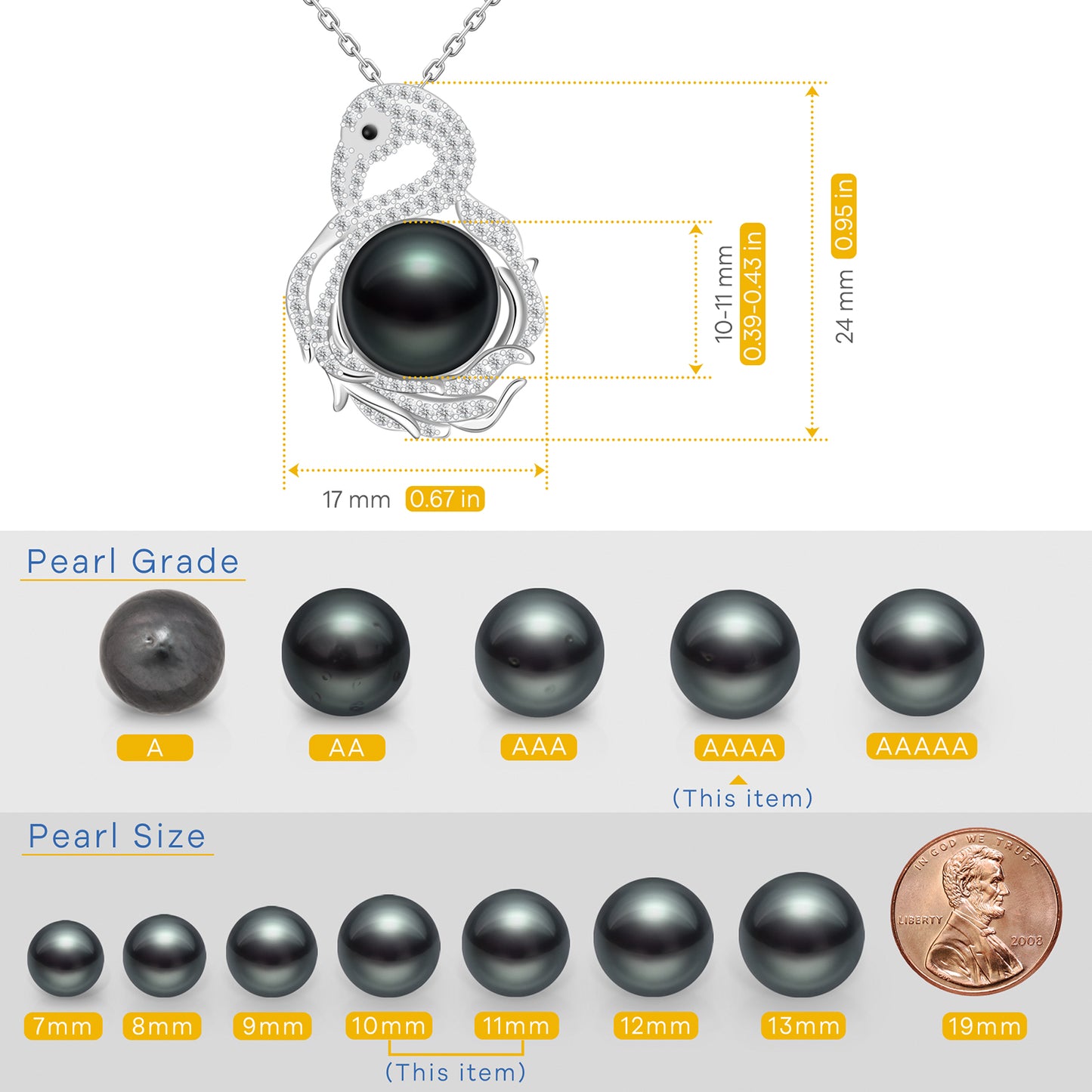 Tahitian Black Pearl Pendant Necklace Jewelry for Women,10-11mm AAAA Handpicked Natural Pearl with White Swan Moissanite 925 Adjustable Sterling Silver Chain, Elegant Gifts for Mom Wife