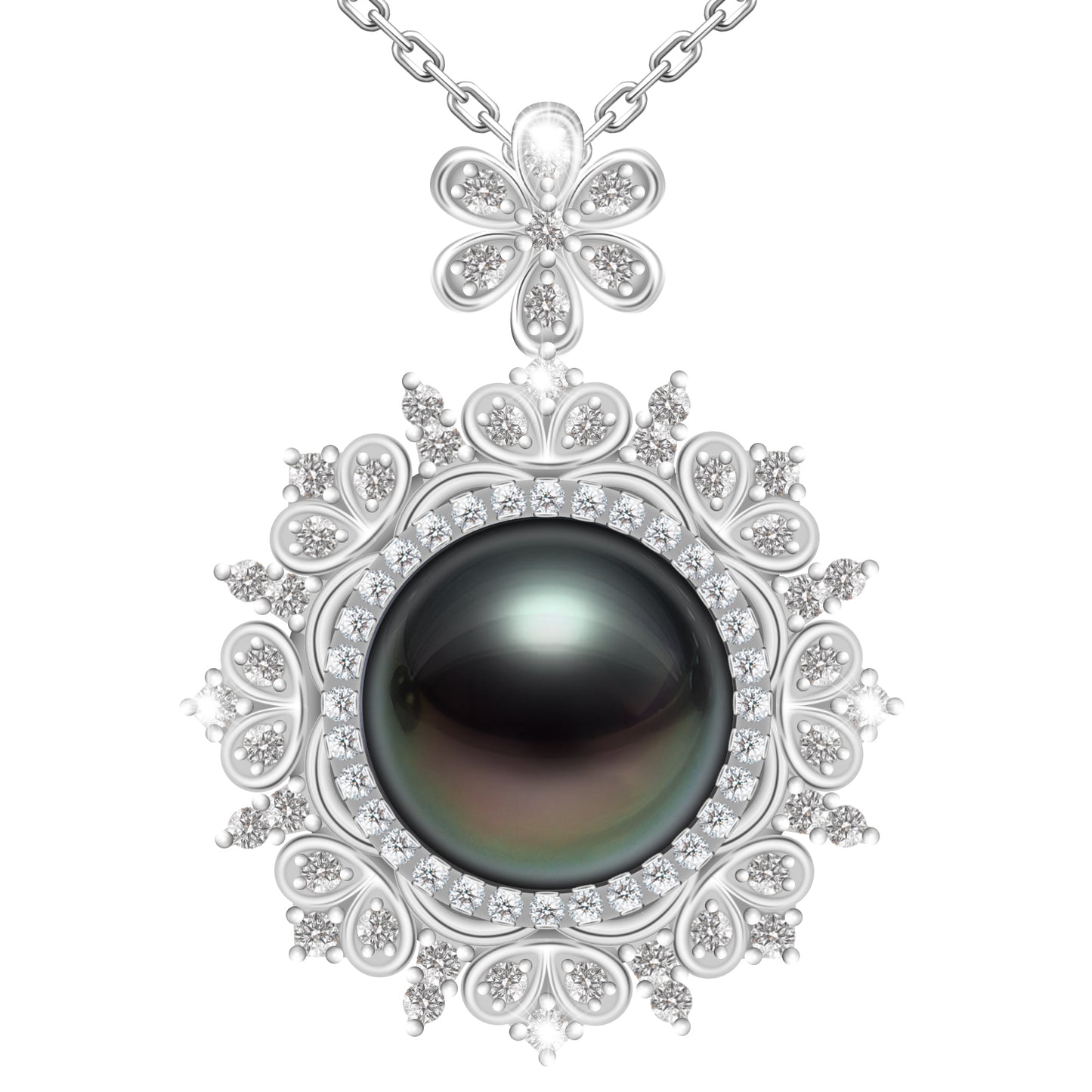 Tahitian Pearl Gifts for Women, Moissanite Sparkling Mandala Flower Inlaid with 10-11mm AAAA Natural Real Pearls, 18k Gold Platting 925 Sterling Silver, 45+2+3cm Adjustable Chain