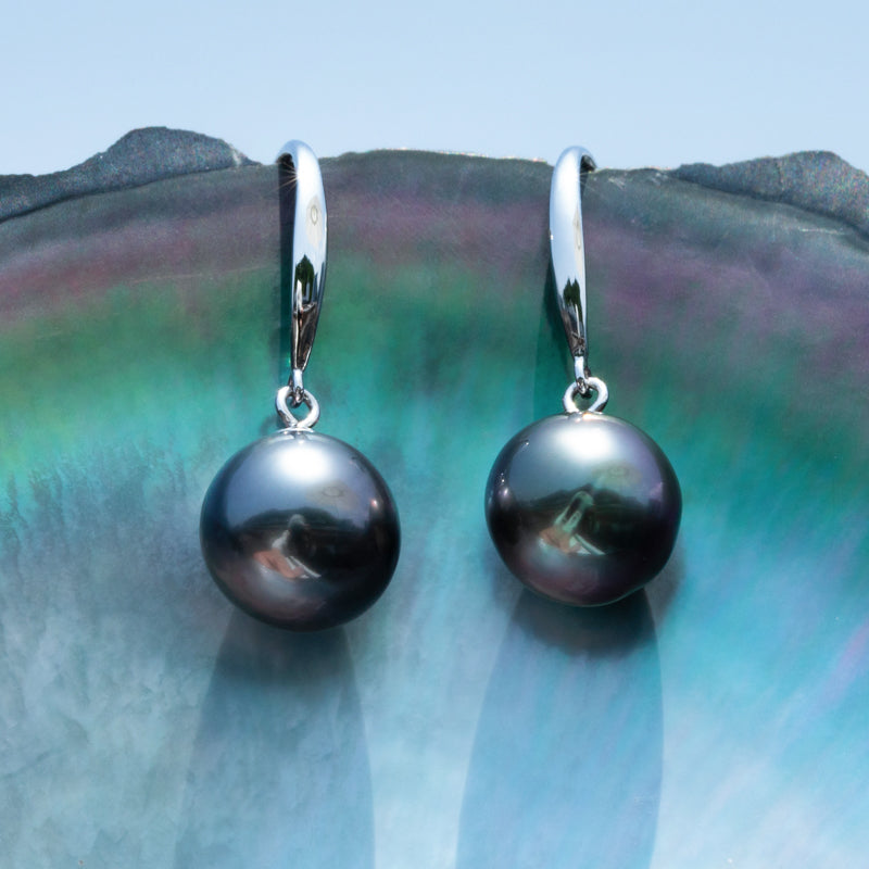 8-11MM Tahitian Black Pearl Earrings, AAAA Handselected Nature Black Pearls 18K White Gold Earrings