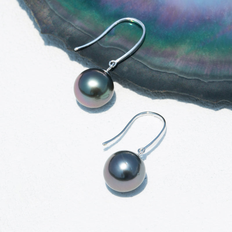 8-11MM Tahitian Black Pearl Earrings, AAAA Handselected Nature Black Pearls 18K White Gold Earrings
