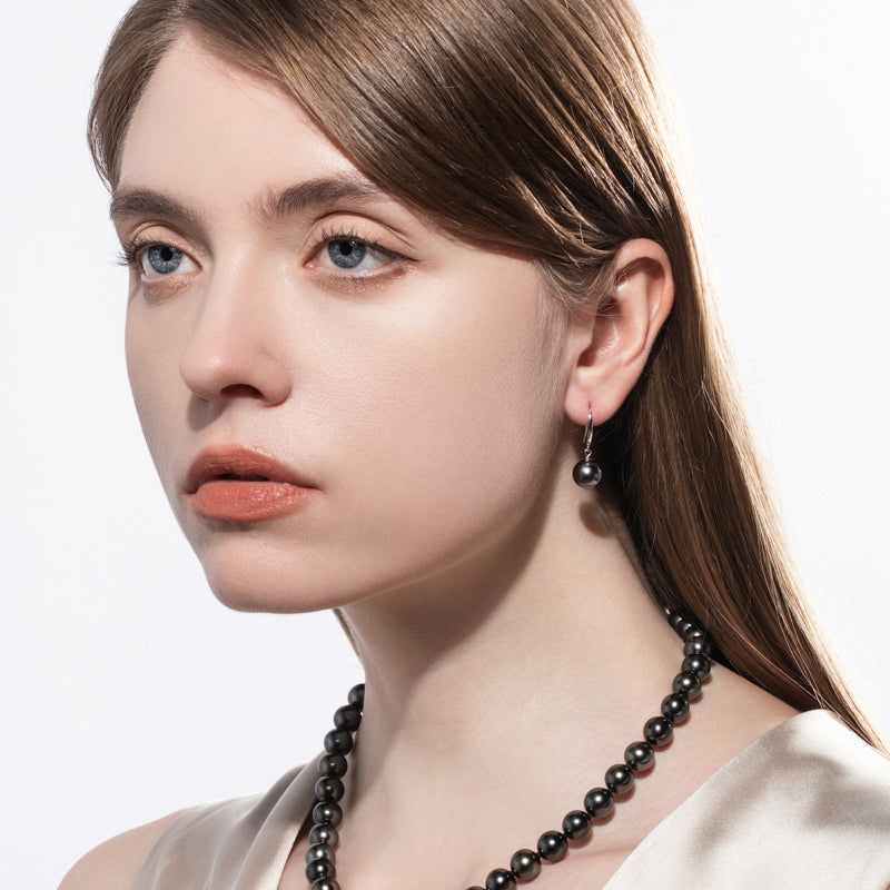 8-11MM Tahitian Black Pearl Earrings, AAAA Handselected Nature Black Pearls 18K White Gold Earrings
