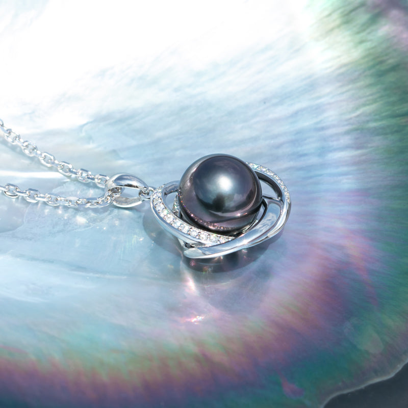 Genuine Tahitian Black Pearl with Moissanite Love Knot Pendant Necklace, AAAA Handselected Black Pearls, D Color Moissanite, 18K White Gold Plated Sterling Silver, 45+2+3cm Adjustable Chain