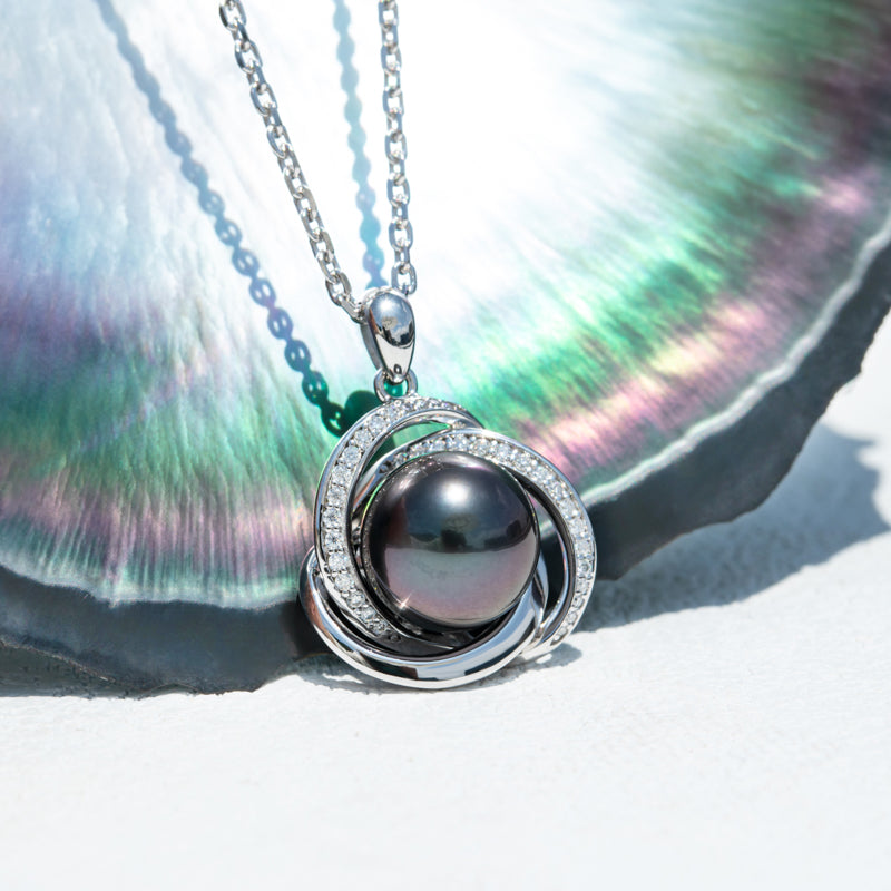 Genuine Tahitian Black Pearl with Moissanite Love Knot Pendant Necklace, AAAA Handselected Black Pearls, D Color Moissanite, 18K White Gold Plated Sterling Silver, 45+2+3cm Adjustable Chain