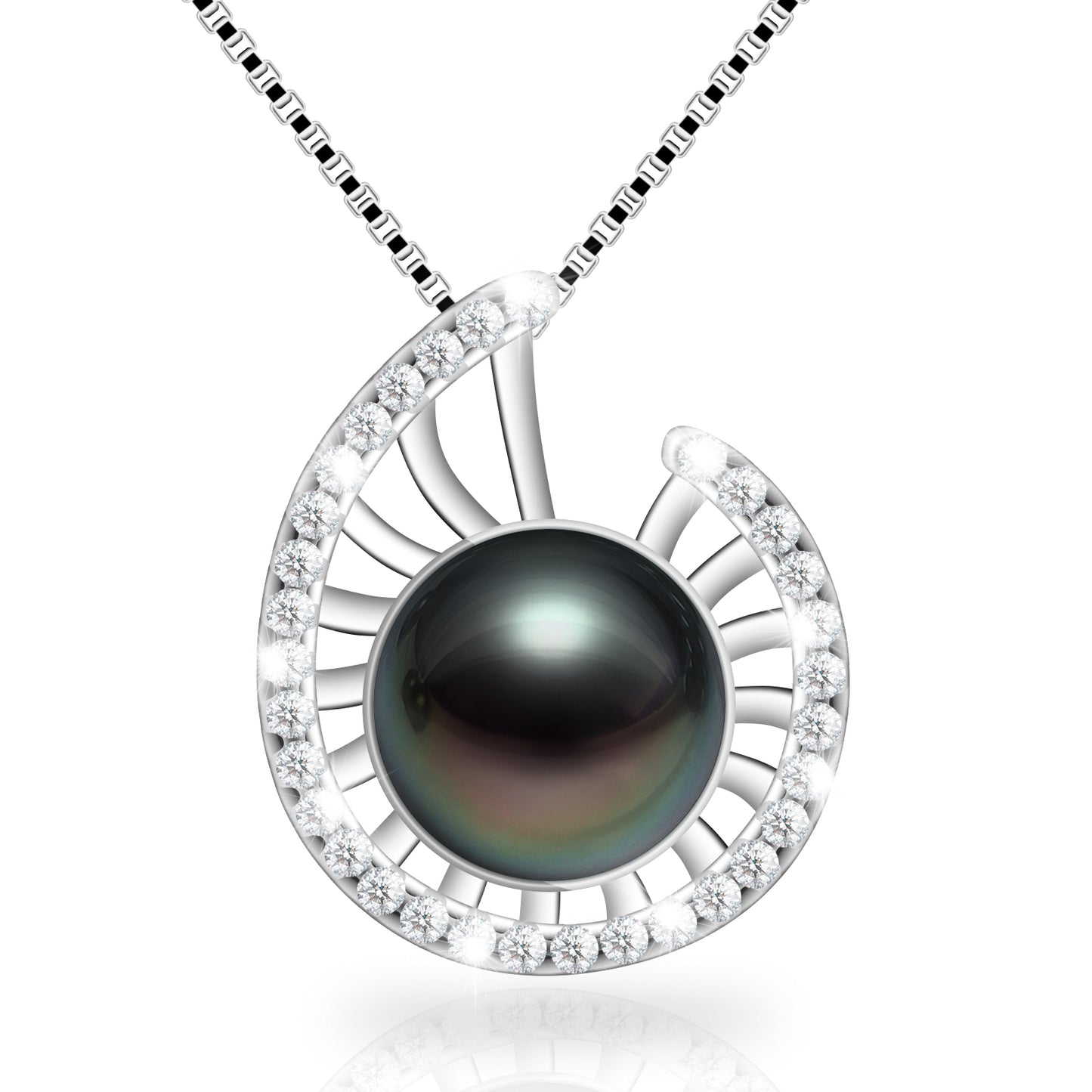 Lucky Conch Tahitian Black Pearl with Moissanite Pendant Necklace, 9-10MM AAAA Pearl Gifts for Women Wife Wedding Birthday Anniversary Valentines