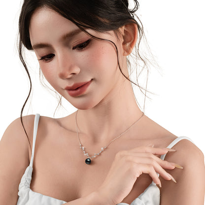 Tahitian Black Pearl Necklace for Women, 9-10mm AAAAA Handpicked Real Pearl Pendant with Olive Dranch Design, Hand-set Moissanite, 18K White Gold Plated 925 Sterling Silver Necklace