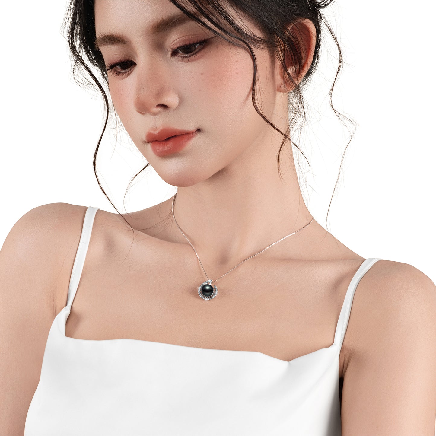 Lucky Conch Tahitian Black Pearl with Moissanite Pendant Necklace, 9-10MM AAAA Pearl Gifts for Women Wife Wedding Birthday Anniversary Valentines