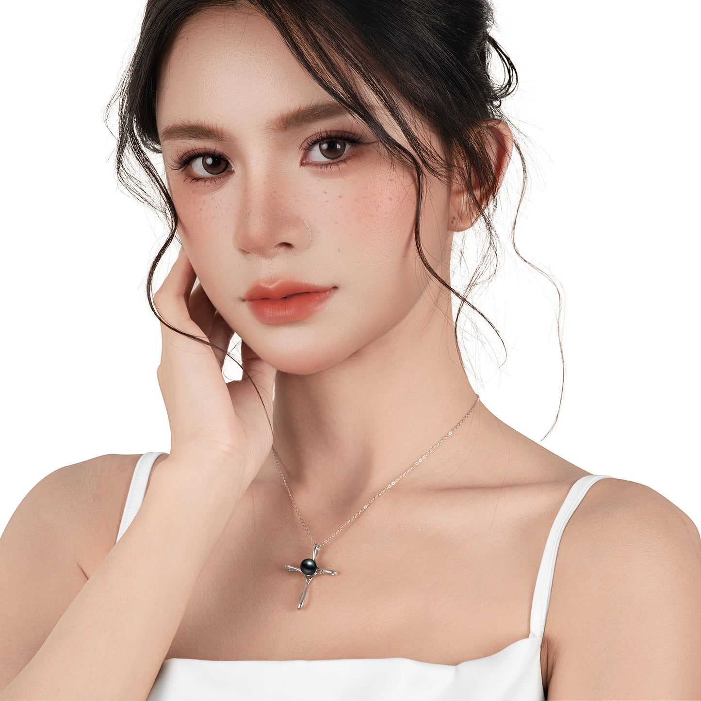 Tahitian Black Pearl Gifts for Women Wife Wedding Birthday Anniversary Valentines, 7-8MM AAAA 18K White Gold Plated Sterling Silver Religious Cross Pendant Necklace