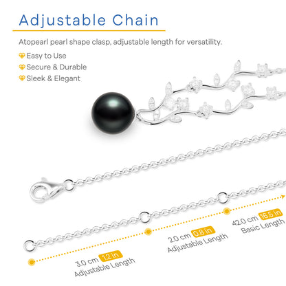 Tahitian Black Pearl Necklace for Women, 9-10mm AAAAA Handpicked Real Pearl Pendant with Olive Dranch Design, Hand-set Moissanite, 18K White Gold Plated 925 Sterling Silver Necklace