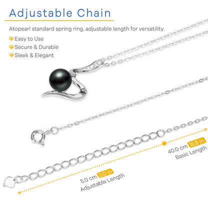 Tahitian Black Pearl for Women Dancing Lovers Pendant Necklace, 7-8MM AAAA Round Pearls jewelry 18K White Gold Plated 925 Sterling Silver Necklace for Anniversary Birthday Valentines Gifts