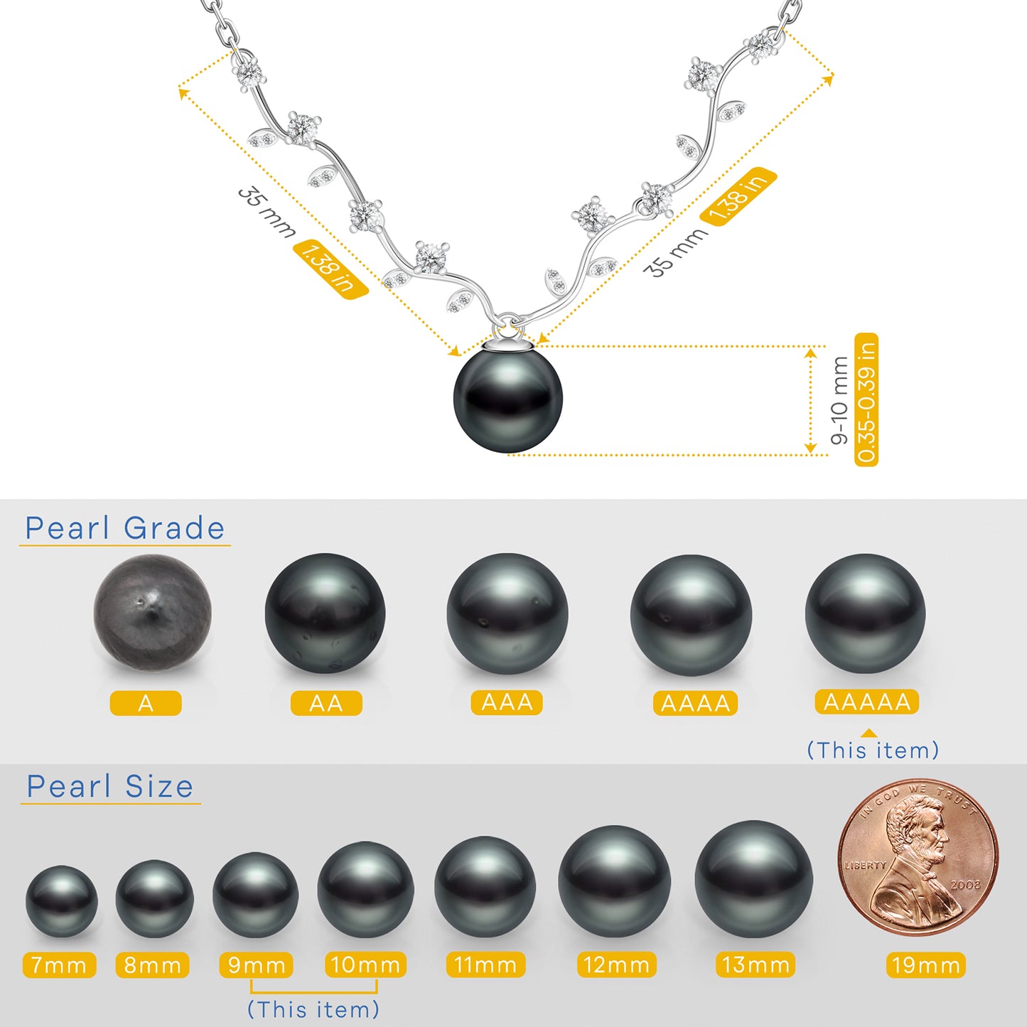 Tahitian Black Pearl Necklace for Women, 9-10mm AAAAA Handpicked Real Pearl Pendant with Olive Dranch Design, Hand-set Moissanite, 18K White Gold Plated 925 Sterling Silver Necklace