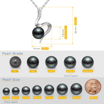 Tahitian Black Pearl for Women Dancing Lovers Pendant Necklace, 7-8MM AAAA Round Pearls jewelry 18K White Gold Plated 925 Sterling Silver Necklace for Anniversary Birthday Valentines Gifts