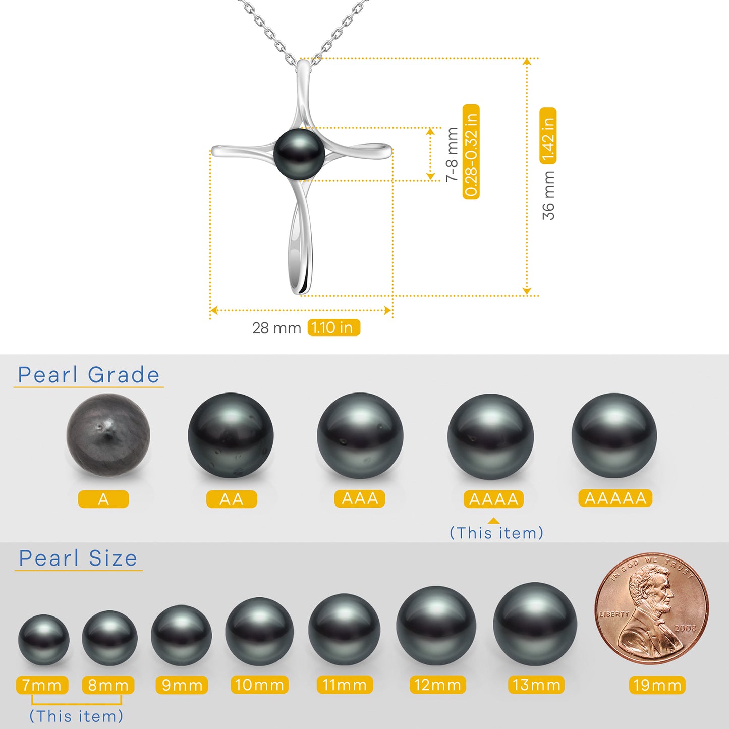 Tahitian Black Pearl Gifts for Women Wife Wedding Birthday Anniversary Valentines, 7-8MM AAAA 18K White Gold Plated Sterling Silver Religious Cross Pendant Necklace