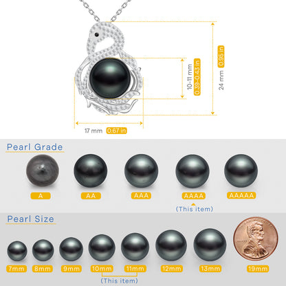 Tahitian Black Pearl Pendant Necklace Jewelry for Women,10-11mm AAAA Handpicked Natural Pearl with White Swan Moissanite 925 Adjustable Sterling Silver Chain, Elegant Gifts for Mom Wife