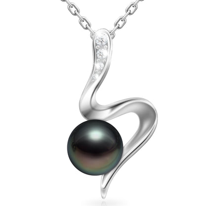 Tahitian Black Pearl for Women Dancing Lovers Pendant Necklace, 7-8MM AAAA Round Pearls jewelry 18K White Gold Plated 925 Sterling Silver Necklace for Anniversary Birthday Valentines Gifts