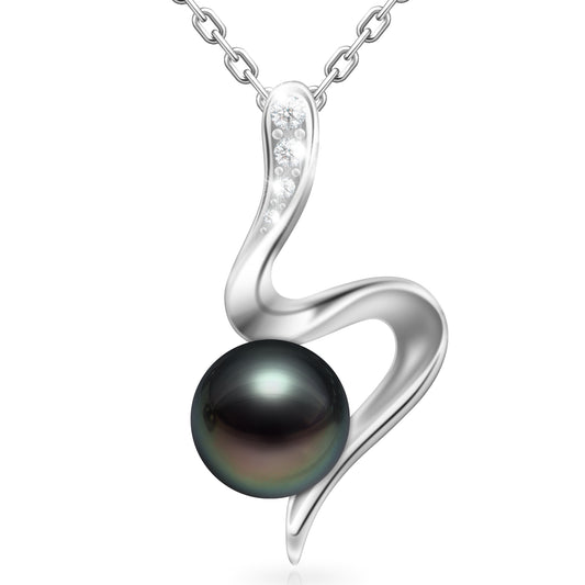 Tahitian Black Pearl for Women Dancing Lovers Pendant Necklace, 7-8MM AAAA Round Pearls jewelry 18K White Gold Plated 925 Sterling Silver Necklace for Anniversary Birthday Valentines Gifts