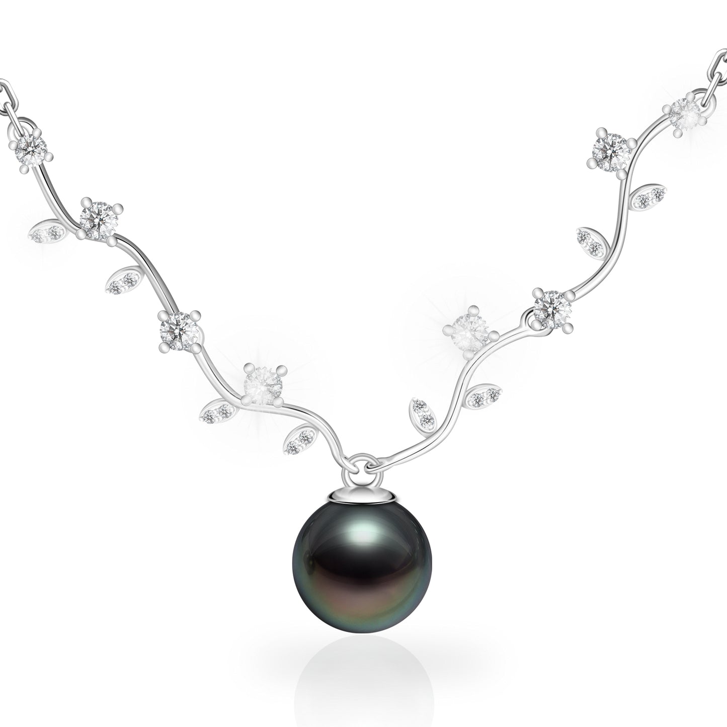 Tahitian Black Pearl Necklace for Women, 9-10mm AAAAA Handpicked Real Pearl Pendant with Olive Dranch Design, Hand-set Moissanite, 18K White Gold Plated 925 Sterling Silver Necklace