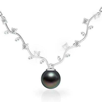 Tahitian Black Pearl Necklace for Women, 9-10mm AAAAA Handpicked Real Pearl Pendant with Olive Dranch Design, Hand-set Moissanite, 18K White Gold Plated 925 Sterling Silver Necklace