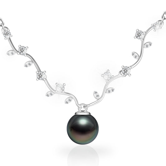 Tahitian Black Pearl Necklace for Women, 9-10mm AAAAA Handpicked Real Pearl Pendant with Olive Dranch Design, Hand-set Moissanite, 18K White Gold Plated 925 Sterling Silver Necklace