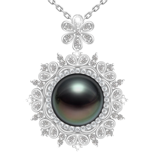 Tahitian Pearl Gifts for Women, Moissanite Sparkling Mandala Flower Inlaid with 10-11mm AAAA Natural Real Pearls, 18k Gold Platting 925 Sterling Silver, 45+2+3cm Adjustable Chain