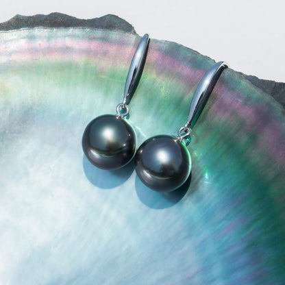 8-11MM Tahitian Black Pearl Earrings, AAAA Handselected Nature Black Pearls 18K White Gold Earrings