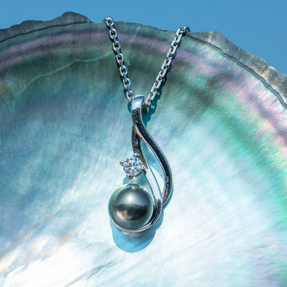Tahitian Black Pearl Necklace, 9-11mm AAAA Quality Handpicked Tahitian Black Pearls, D Color Moissanite, Sterling Silver / 10K Solid White Gold, 45+2+3cm Adjustable Chain