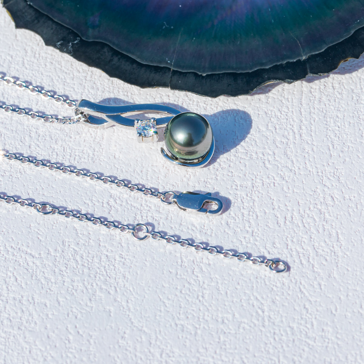 Tahitian Black Pearl Necklace, 9-11mm AAAA Quality Handpicked Tahitian Black Pearls, D Color Moissanite, Sterling Silver / 10K Solid White Gold, 45+2+3cm Adjustable Chain