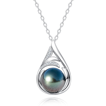 11-12MM Tahitian Black Pearl with Moissanite Pendant Necklace, AAAA Handselected Black Pearls, D Color Moissanite, 18K White Gold Plated Sterling Silver, 45+2+3cm Adjustable Chain