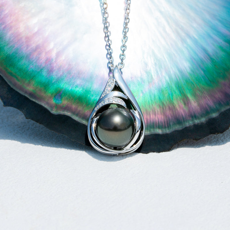 11-12MM Tahitian Black Pearl with Moissanite Pendant Necklace, AAAA Handselected Black Pearls, D Color Moissanite, 18K White Gold Plated Sterling Silver, 45+2+3cm Adjustable Chain