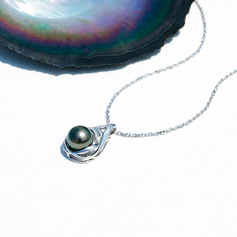 11-12MM Tahitian Black Pearl with Moissanite Pendant Necklace, AAAA Handselected Black Pearls, D Color Moissanite, 18K White Gold Plated Sterling Silver, 45+2+3cm Adjustable Chain