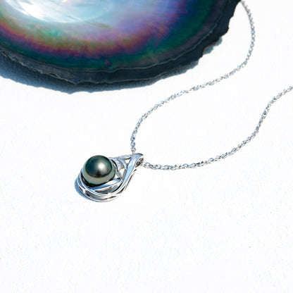 11-12MM Tahitian Black Pearl with Moissanite Pendant Necklace, AAAA Handselected Black Pearls, D Color Moissanite, 18K White Gold Plated Sterling Silver, 45+2+3cm Adjustable Chain
