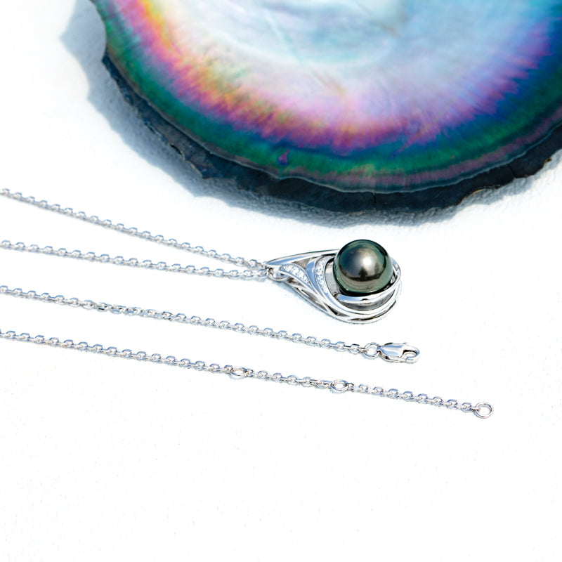 11-12MM Tahitian Black Pearl with Moissanite Pendant Necklace, AAAA Handselected Black Pearls, D Color Moissanite, 18K White Gold Plated Sterling Silver, 45+2+3cm Adjustable Chain