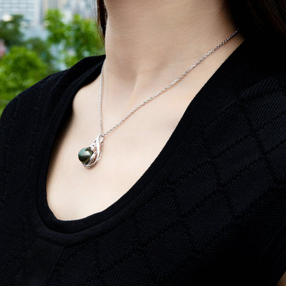 11-12MM Tahitian Black Pearl with Moissanite Pendant Necklace, AAAA Handselected Black Pearls, D Color Moissanite, 18K White Gold Plated Sterling Silver, 45+2+3cm Adjustable Chain