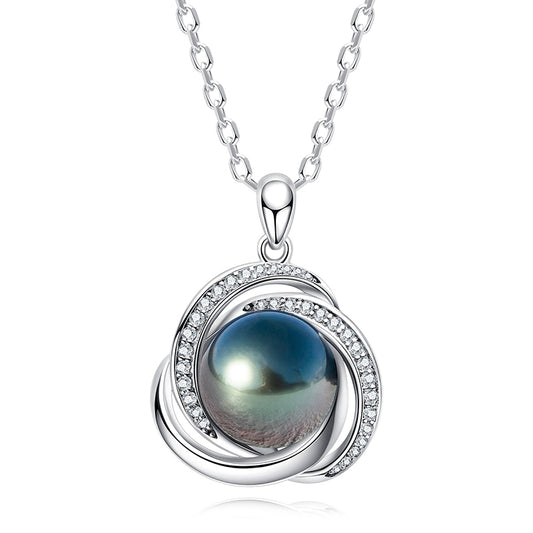 Genuine Tahitian Black Pearl with Moissanite Love Knot Pendant Necklace, AAAA Handselected Black Pearls, D Color Moissanite, 18K White Gold Plated Sterling Silver, 45+2+3cm Adjustable Chain