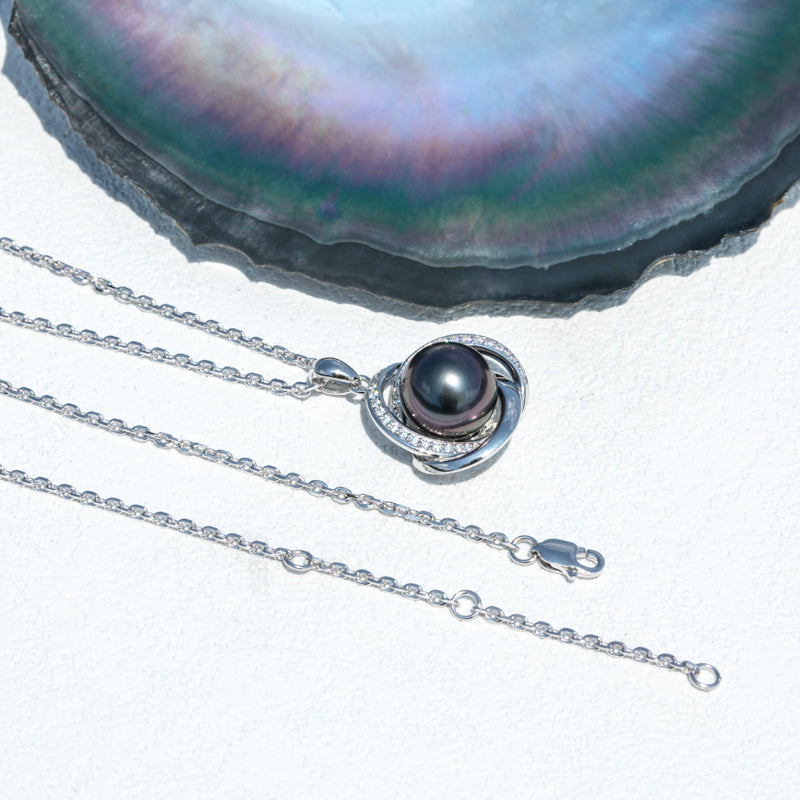 Genuine Tahitian Black Pearl with Moissanite Love Knot Pendant Necklace, AAAA Handselected Black Pearls, D Color Moissanite, 18K White Gold Plated Sterling Silver, 45+2+3cm Adjustable Chain