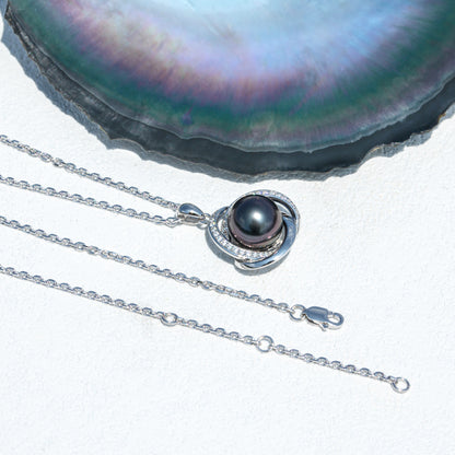 Genuine Tahitian Black Pearl with Moissanite Love Knot Pendant Necklace, AAAA Handselected Black Pearls, D Color Moissanite, 18K White Gold Plated Sterling Silver, 45+2+3cm Adjustable Chain