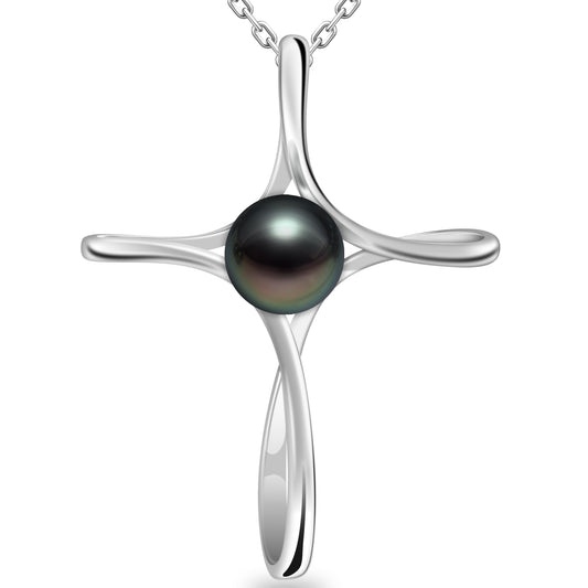 Tahitian Black Pearl Gifts for Women Wife Wedding Birthday Anniversary Valentines, 7-8MM AAAA 18K White Gold Plated Sterling Silver Religious Cross Pendant Necklace