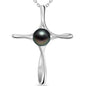 Tahitian Black Pearl Gifts for Women Wife Wedding Birthday Anniversary Valentines, 7-8MM AAAA 18K White Gold Plated Sterling Silver Religious Cross Pendant Necklace