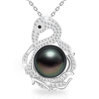 Tahitian Black Pearl Pendant Necklace Jewelry for Women,10-11mm AAAA Handpicked Natural Pearl with White Swan Moissanite 925 Adjustable Sterling Silver Chain, Elegant Gifts for Mom Wife