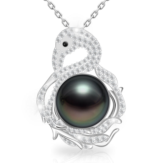 Tahitian Black Pearl Pendant Necklace Jewelry for Women,10-11mm AAAA Handpicked Natural Pearl with White Swan Moissanite 925 Adjustable Sterling Silver Chain, Elegant Gifts for Mom Wife