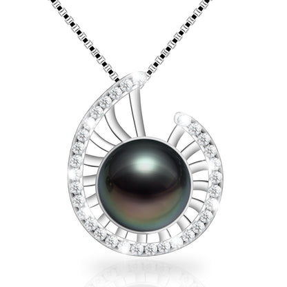 Lucky Conch Tahitian Black Pearl with Moissanite Pendant Necklace, 9-10MM AAAA Pearl Gifts for Women Wife Wedding Birthday Anniversary Valentines