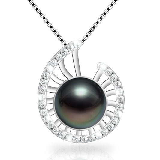 Lucky Conch Tahitian Black Pearl with Moissanite Pendant Necklace, 9-10MM AAAA Pearl Gifts for Women Wife Wedding Birthday Anniversary Valentines